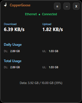 Copper Goose Network Monitor app showing live download/upload speed and daily and total data usage